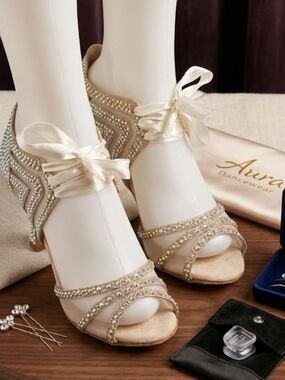 Aura Champagne Crystal Embellished Dance Heels with Satin Ankle Ties